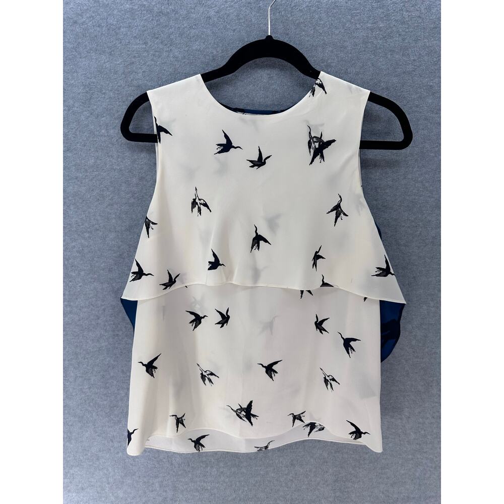 Tibi Women’s 2 Bird Print Blue & White Flowy Sleeveless Top Blouse Classic Work